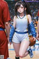 A woman in a basketball uniform holding a basketball on a court.